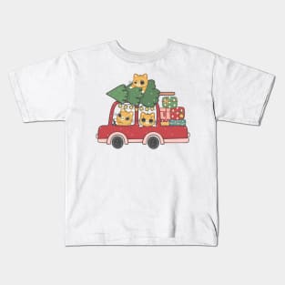 Cute kawaii ginger orange kitten cat on Christmas car cartoon Kids T-Shirt